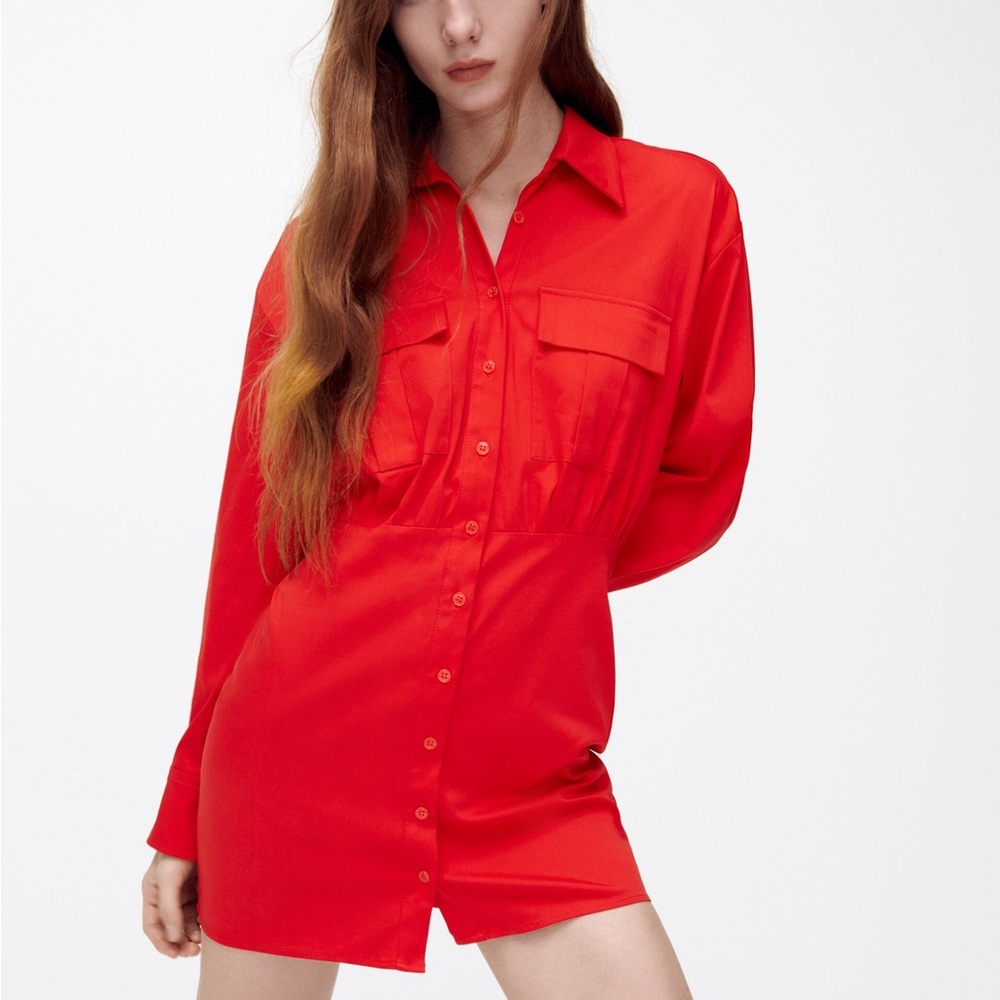 Zara Red Poplin Shirt Dress